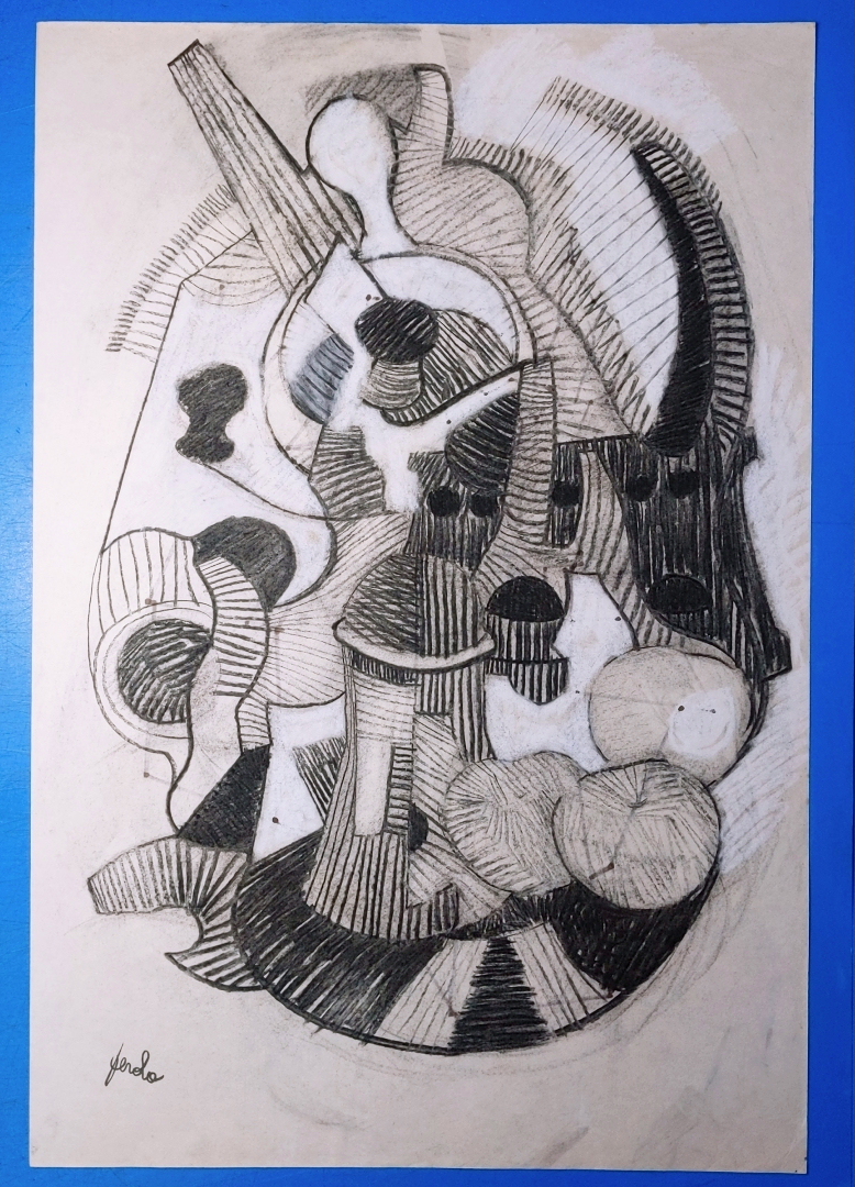 在庫セール1991年　イタリアアーティスト Jean-Marie Gerola作　油彩　自画像　抽象画 8号サイズ　額装品　絵画 アート　幅43㎝　高さ53㎝ YKT 人物画